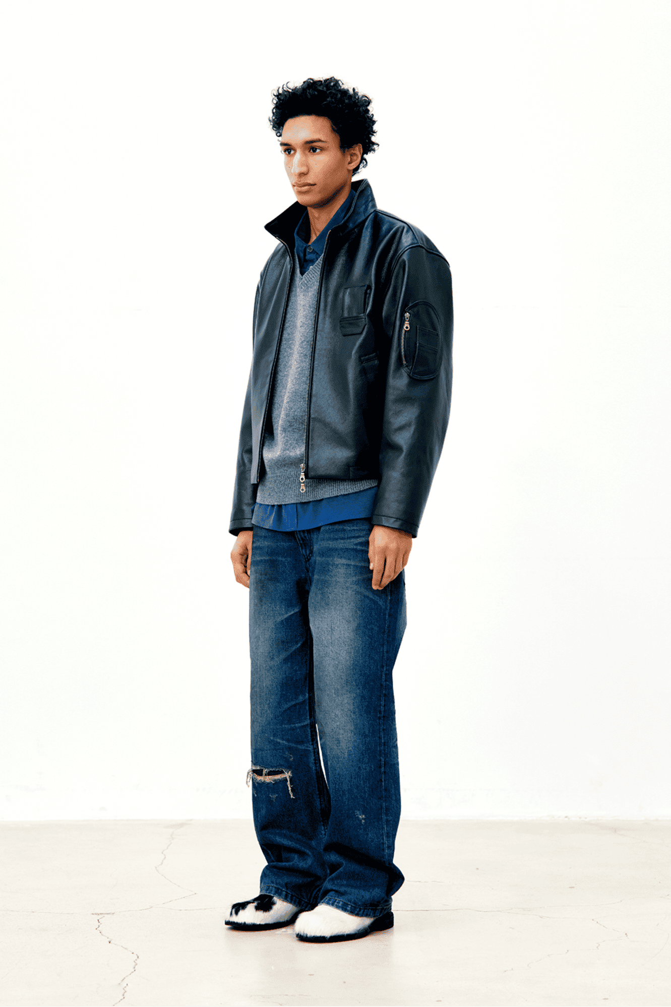 Coor - Goat skin pilot leather jumper (Black) crop cropped jacket boxy fit streetwear korean brand giacca pelle