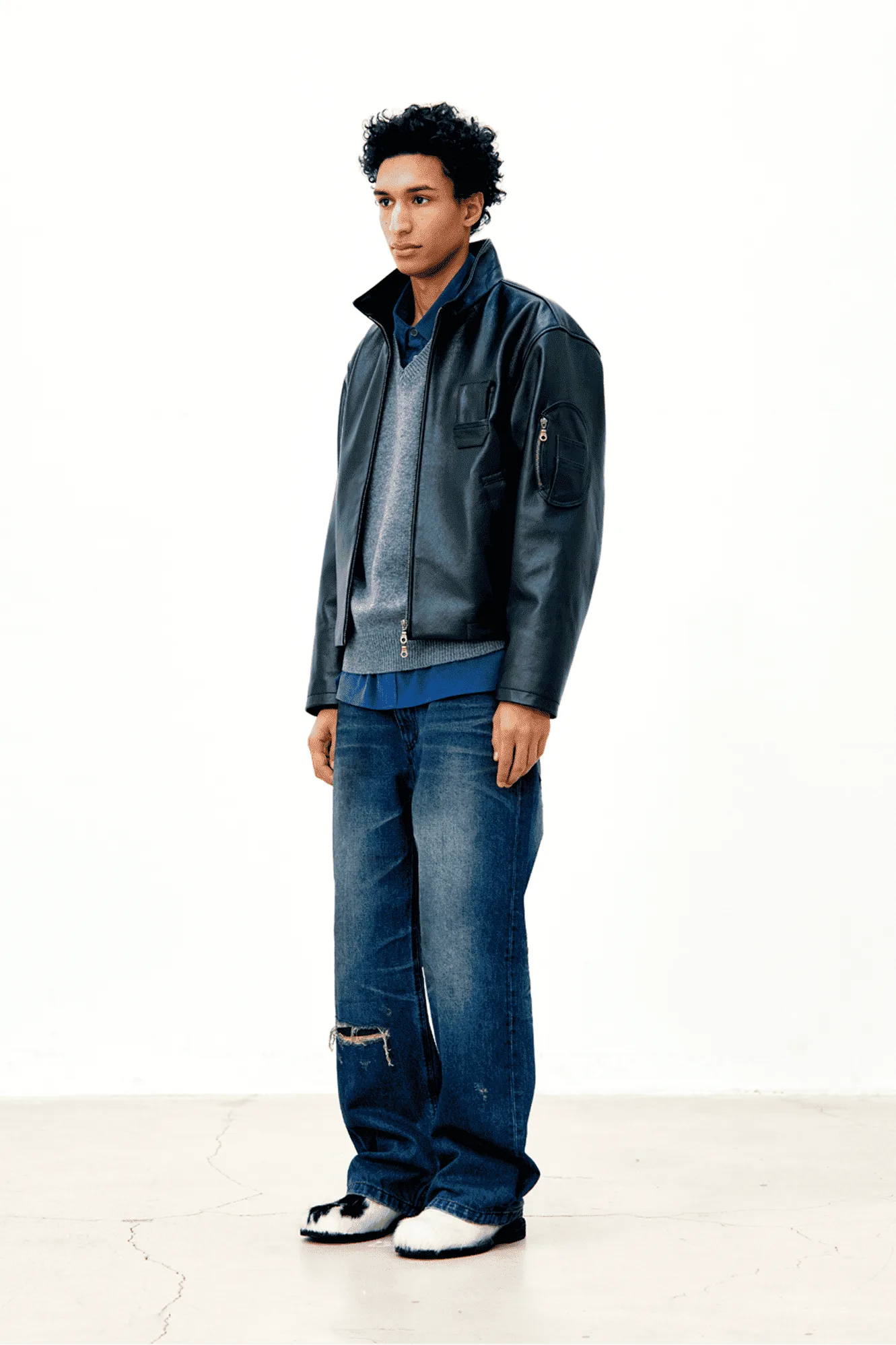 Coor - Goat skin pilot leather jumper (Black) crop cropped jacket boxy fit streetwear korean brand giacca pelle