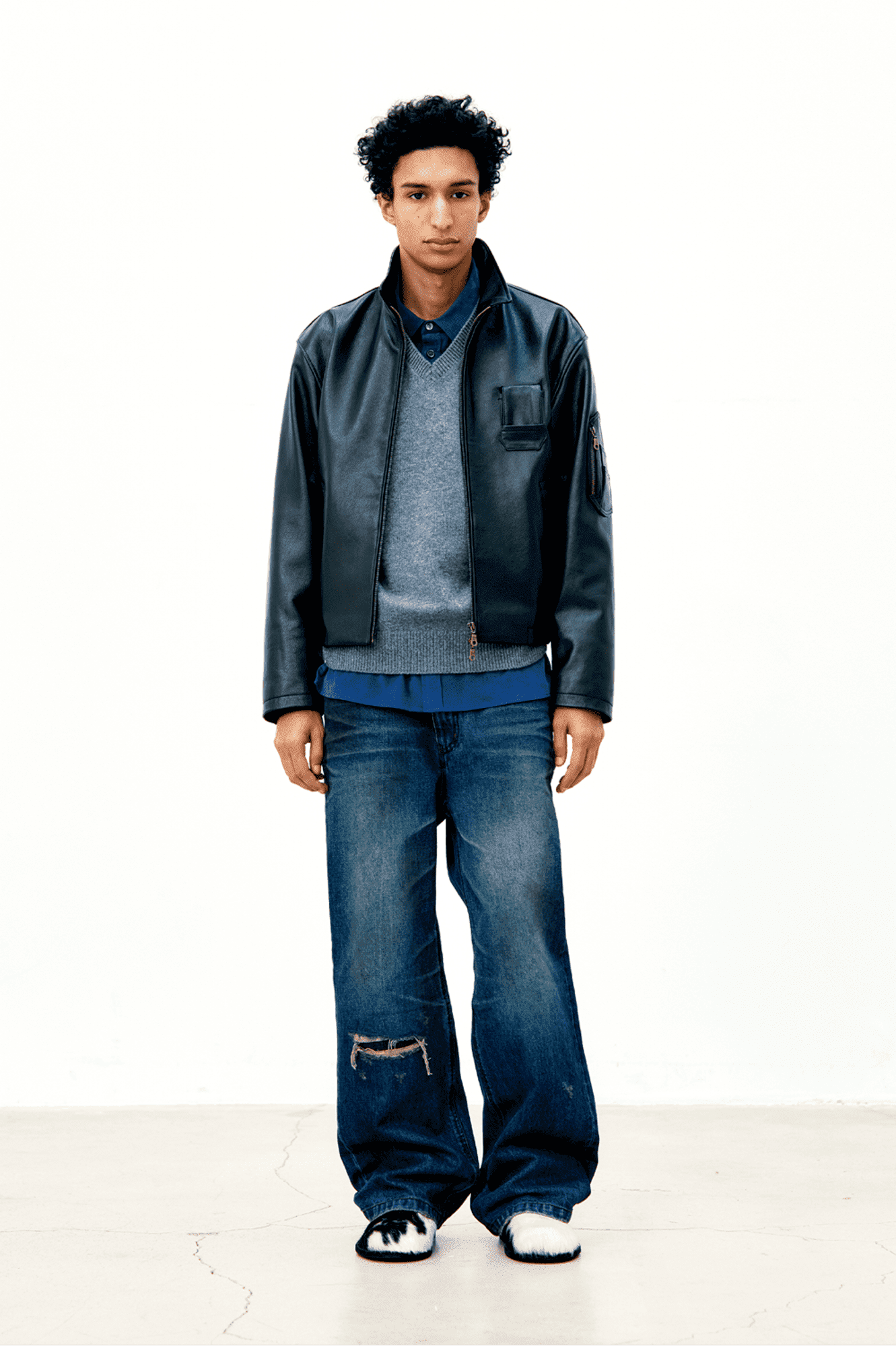 Coor - Goat skin pilot leather jumper (Black) crop cropped jacket boxy fit streetwear korean brand giacca pelle