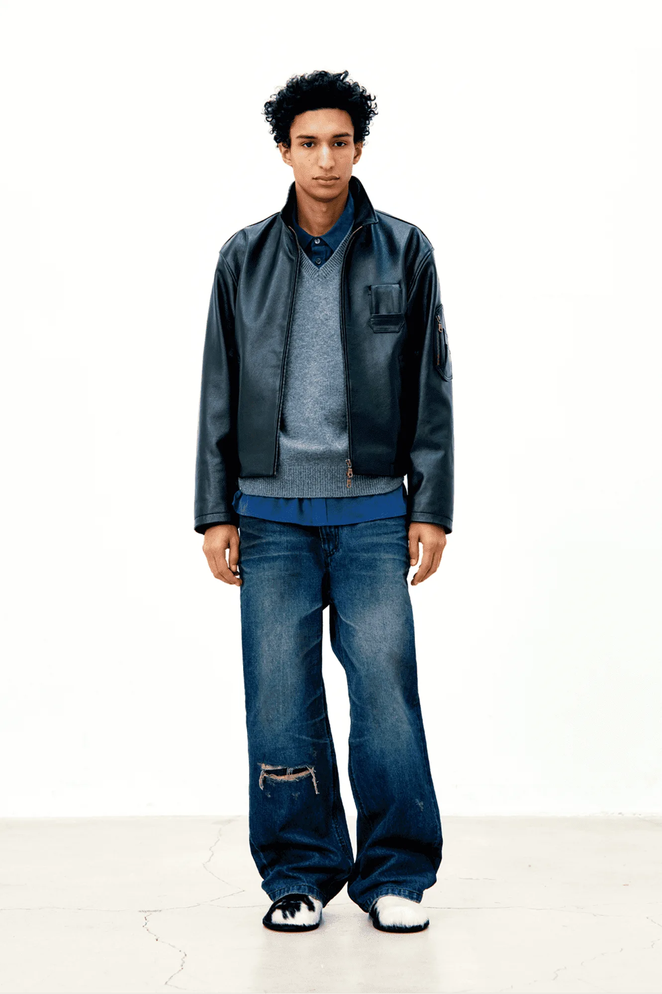 Coor - Goat skin pilot leather jumper (Black) crop cropped jacket boxy fit streetwear korean brand giacca pelle