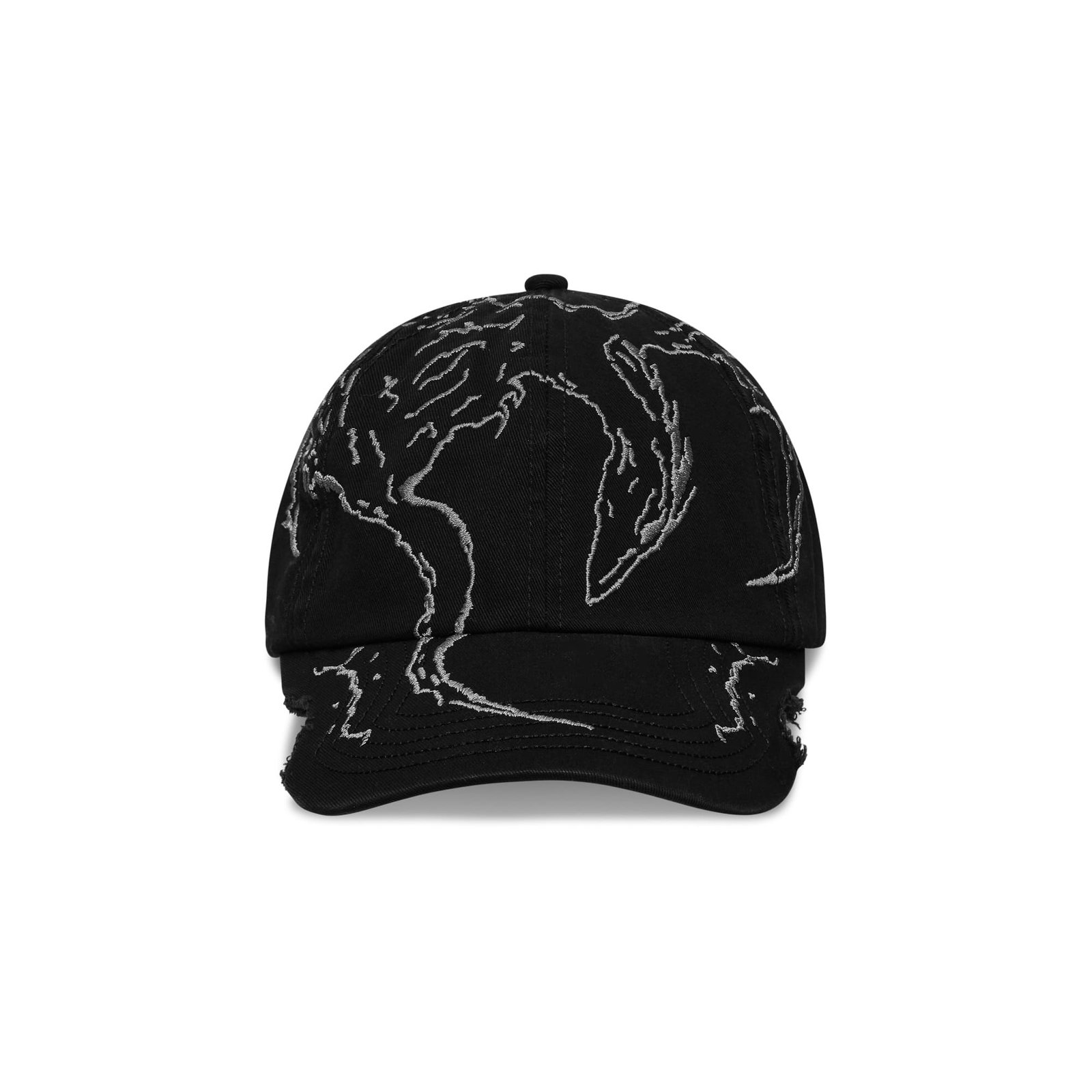 ROA Hiking - Ryli Embriodered 6-Panel Cap Black. Black baseball cap with white embroidered world map pattern, front view.