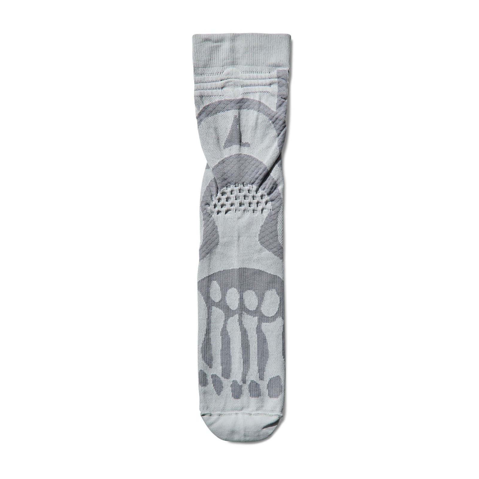 ROA Hiking - Bones Logo Q-Skin Technical Crew Socks. Long gray knee-high sock featuring a large gray skull/skeleton graphic running down the leg.