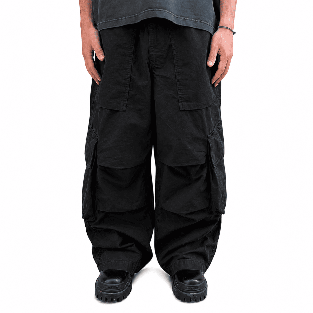 Stay Human On Earth - Ripstop Cargo Wide Leg Trousers Black baggy pant baloon