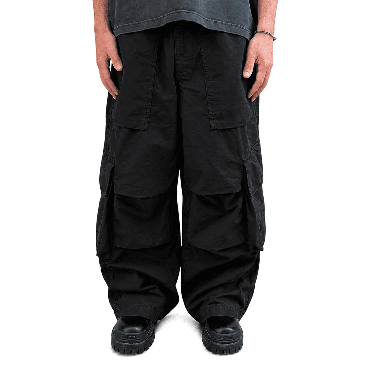 Stay Human On Earth - Ripstop Cargo Wide Leg Trousers Black baggy pant baloon