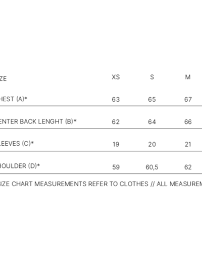 T‑shirt diagram with measurement lines (A–D) beside a size chart from XS to XXL showing chest, center back length, sleeves, and shoulder measurements in cm.